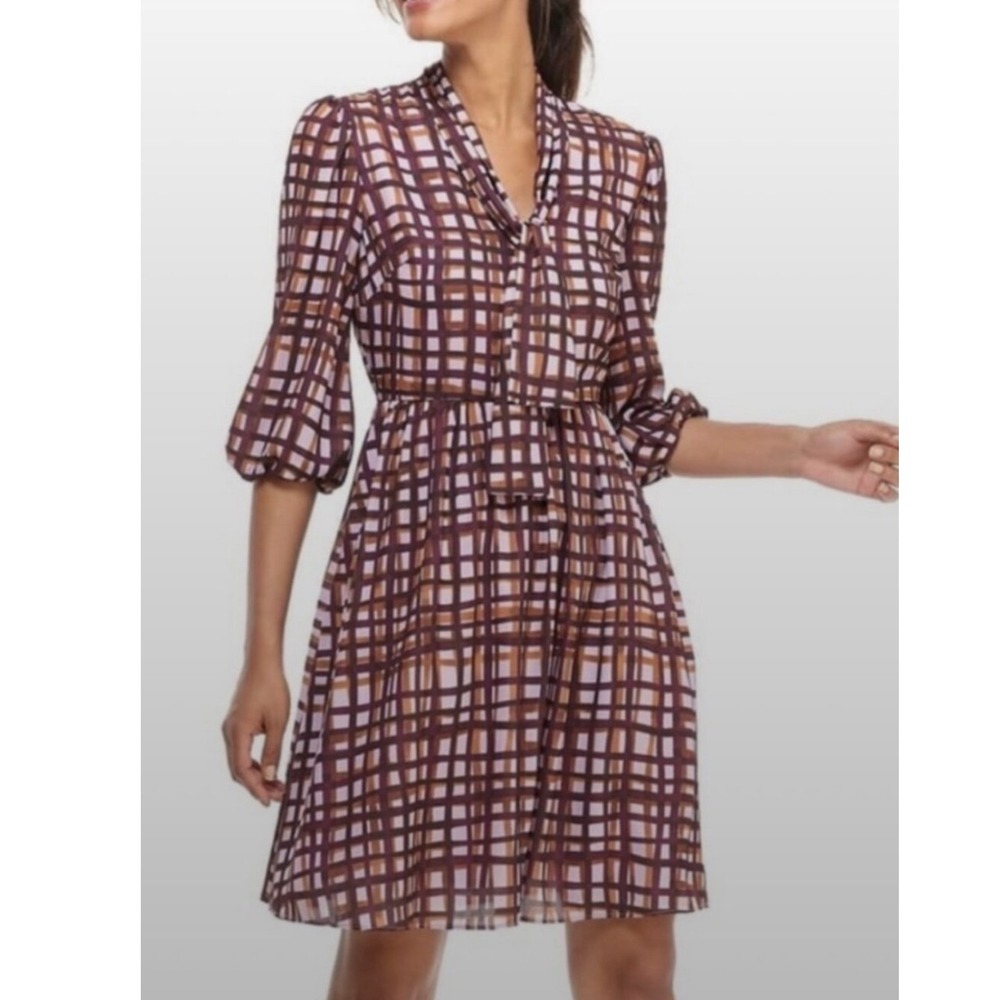 Gal Meets Glam Collection Plaid Tie Neck Puff Sleeve Dress Pink Plum Size 4